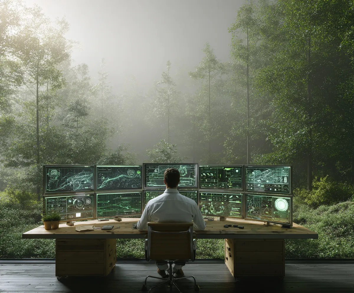 A data analyst monitoring live dashboards from a calm forest workspace