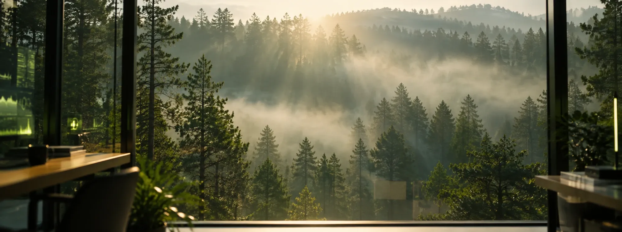 A misty pine forest at sunrise, seen from a quiet studio with live dashboards on the desk